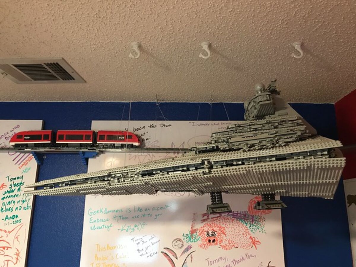 LEGO Star Destroyer hanging from the ceiling.